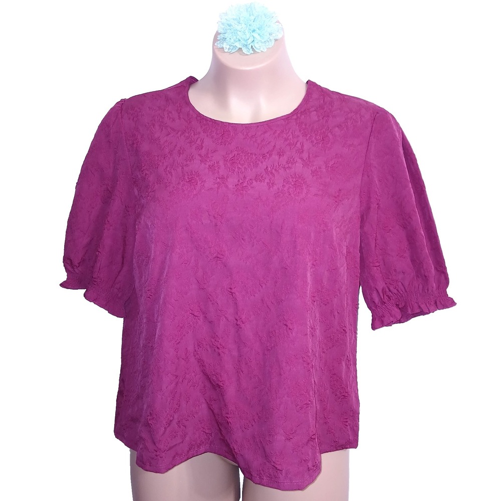 Ted Baker Women Jacquard Puff Sleev Top XXL Fuchsia Pink Floral Feminine Cottage